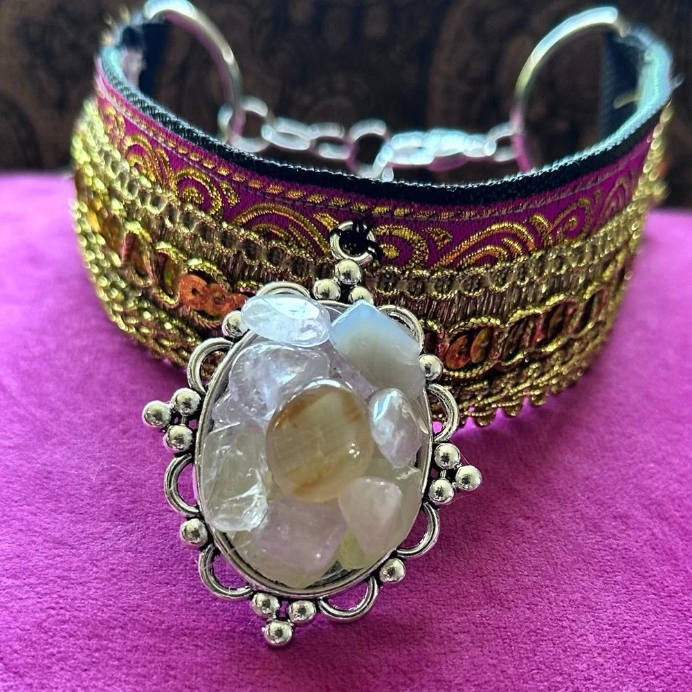Artisan Boho Choker Necklace Gold Metallic + Handmade Quartz Pendant OOAK Signed